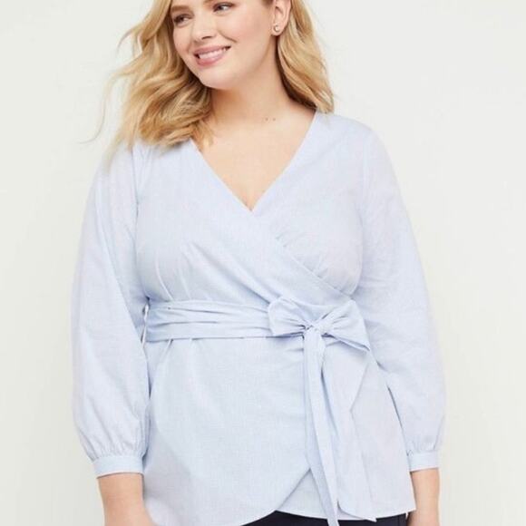 Lane Bryant Gingham Poplin Wrap Top Blue - Picture 1 of 5